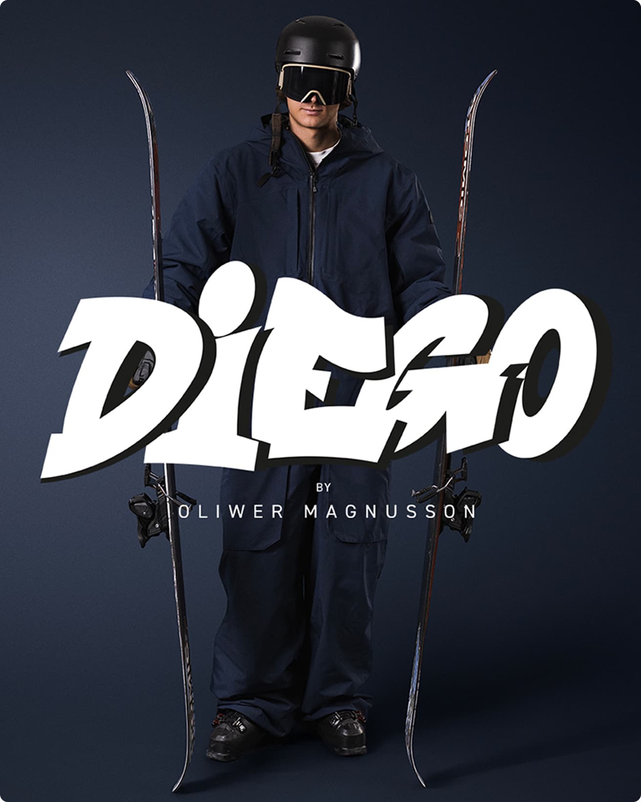A skier in dark blue gear holds skis upright. Bold text reads "DIEGO by Oliwer Magnusson" in the foreground.