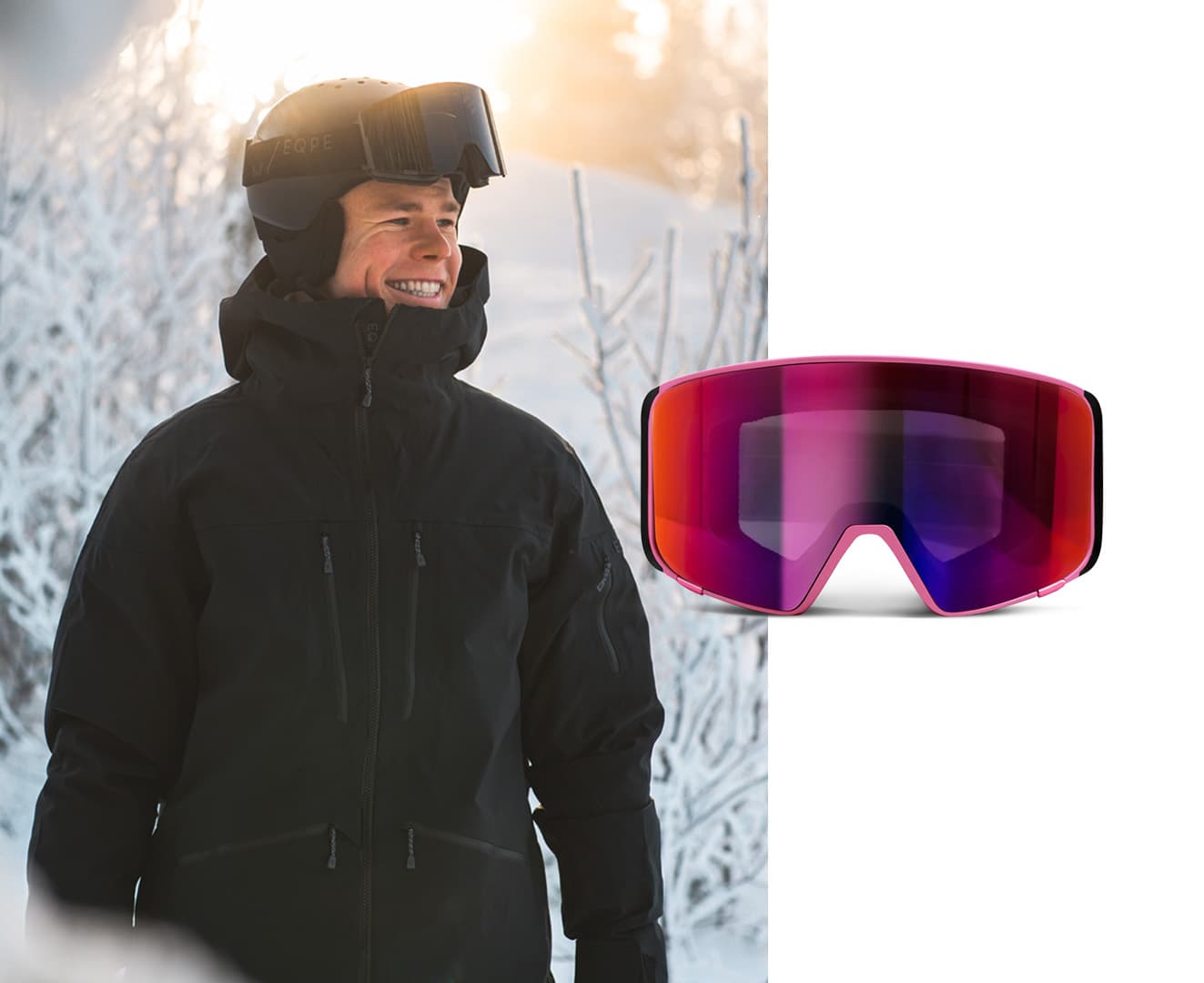 A person in a black ski outfit smiles in a snowy landscape. Next to them, a pair of colorful ski goggles is displayed.