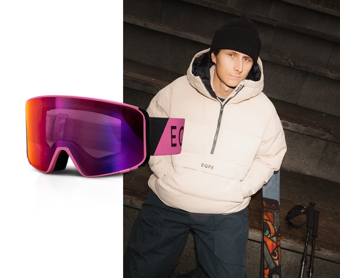 Pink ski goggles next to a person in a white jacket and black beanie, sitting on stairs with skis nearby.