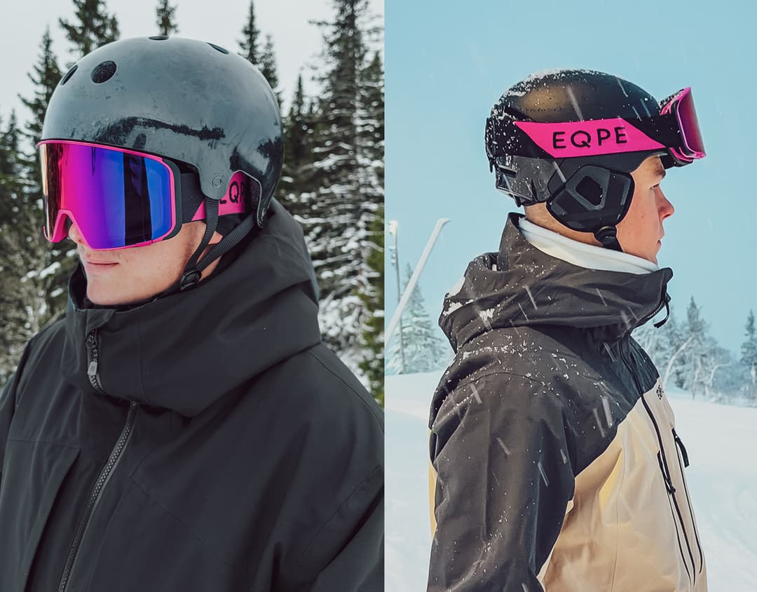 Split image: Oliwer Magnusson and Walter Wallberg wearing ski helmets and goggles in snowy settings. Left: black attire; right: black and white jacket, pink helmet accents.