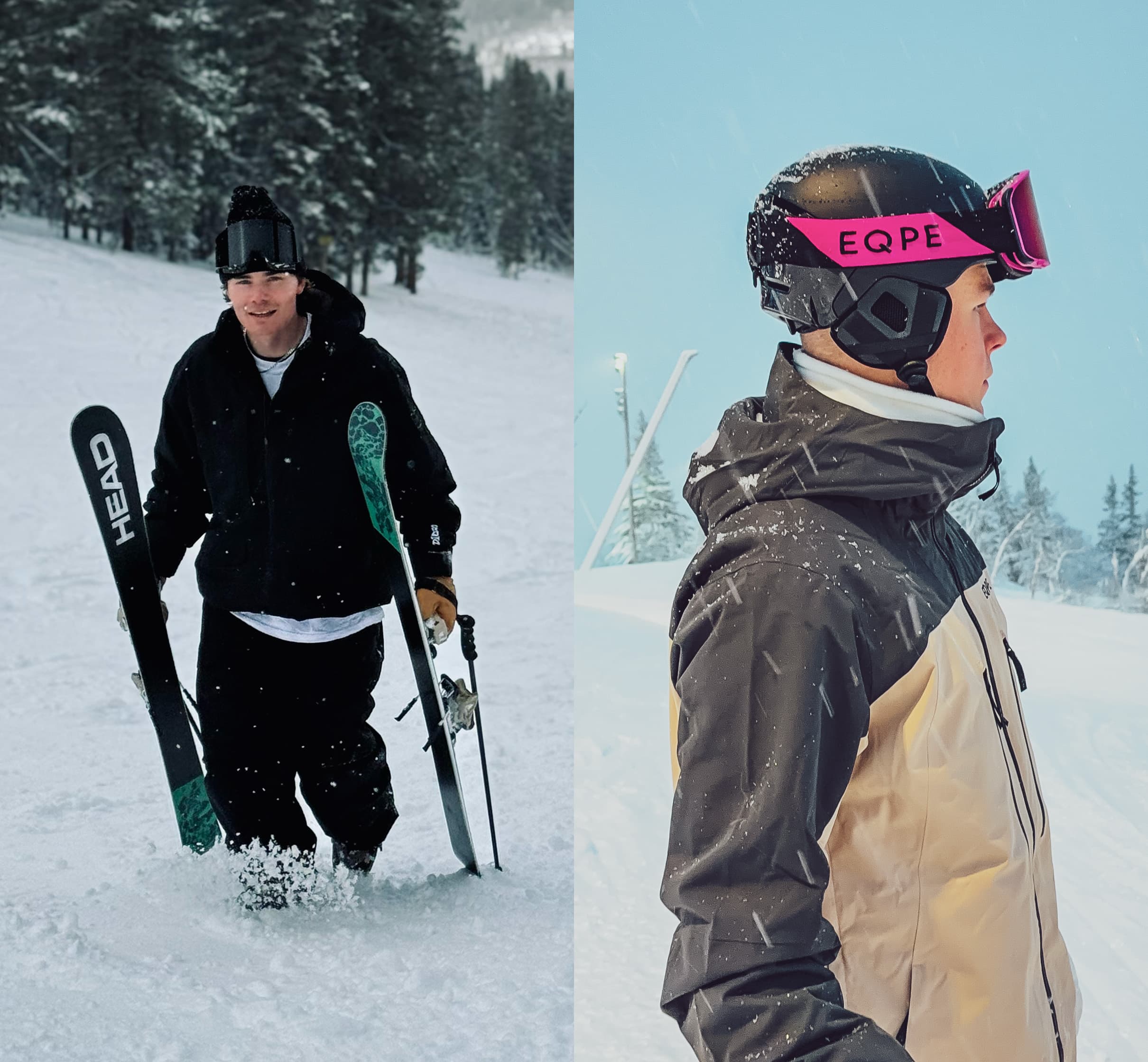 Two images of skiers in snowy terrain: left image shows Martin Nordqvist walking with skis, right image features Walter Wallberg in profile view wearing a helmet and goggles.