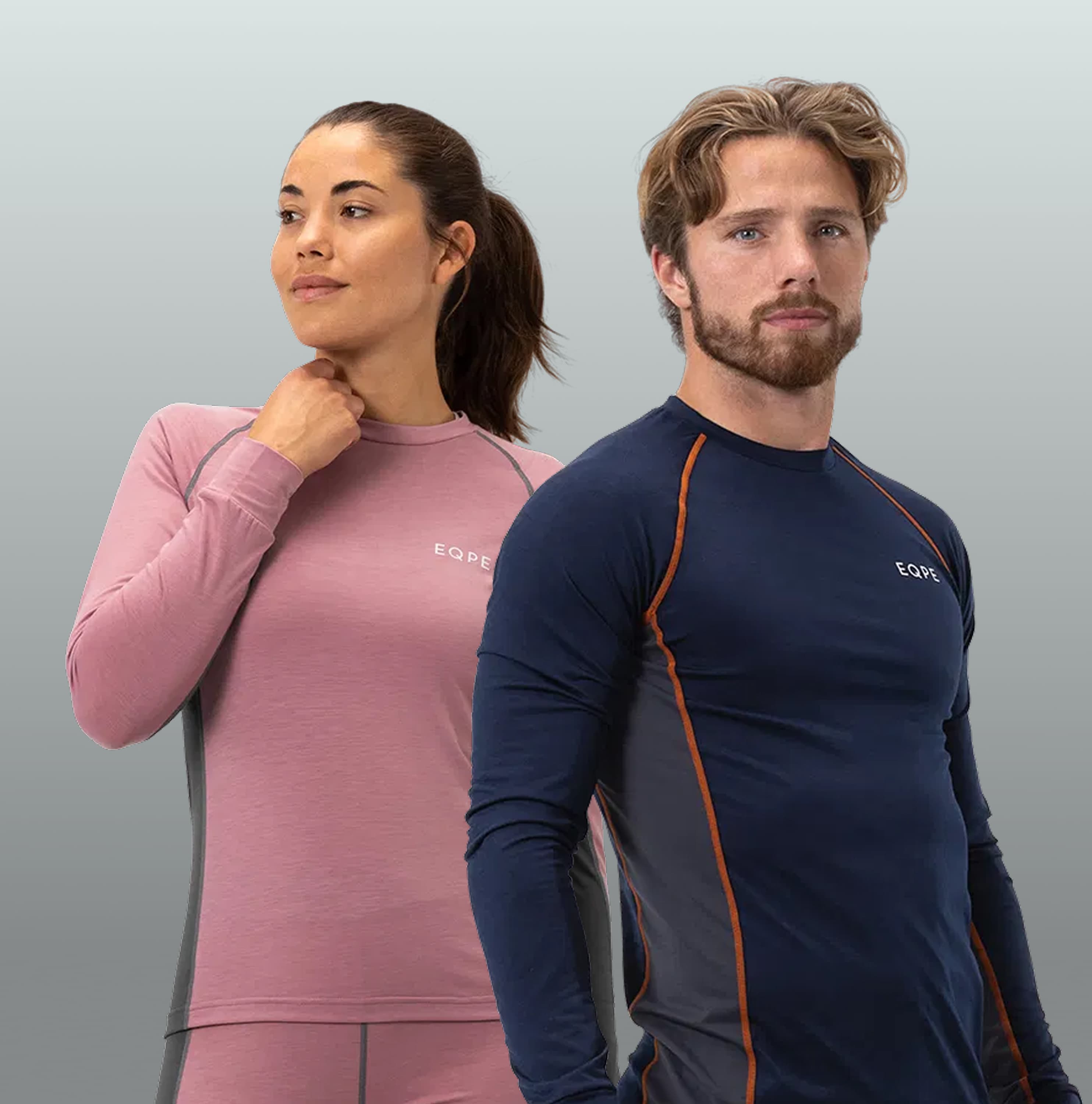 Two models wearing base layers, posing against a gray background.