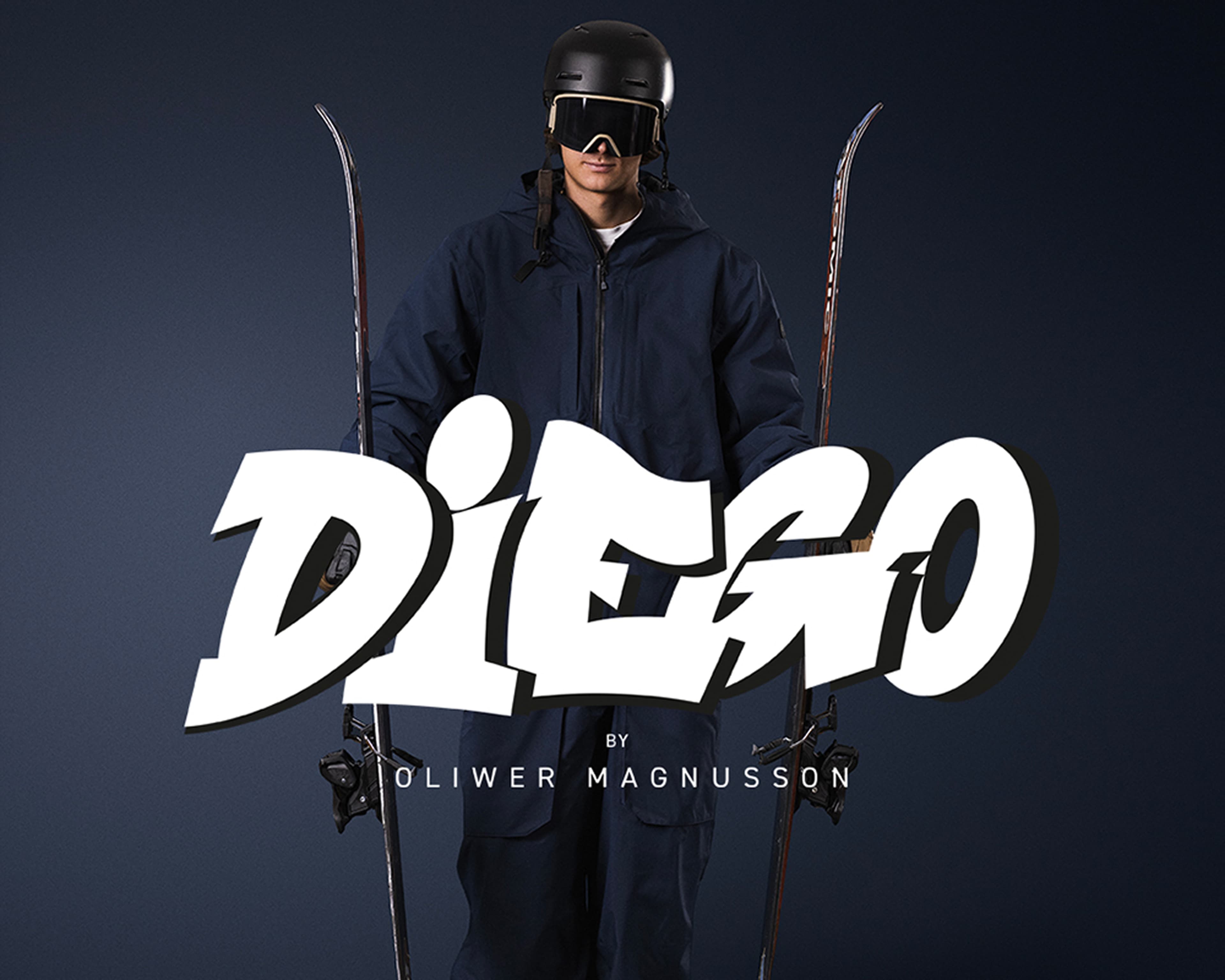 A skier in dark blue gear holds skis upright. Bold text reads "DIEGO by Oliwer Magnusson" in the foreground.