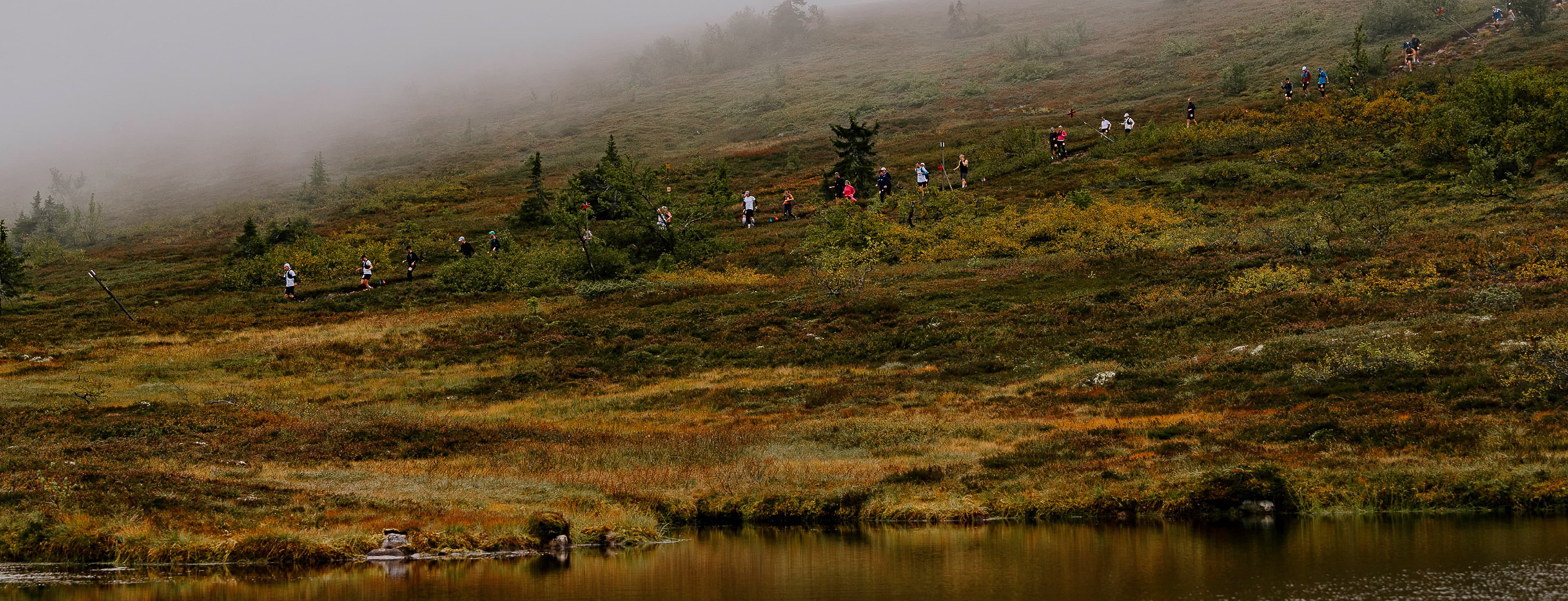 A group of hikers ascends a misty hillside covered in autumn foliage, with a calm lake in the foreground.
